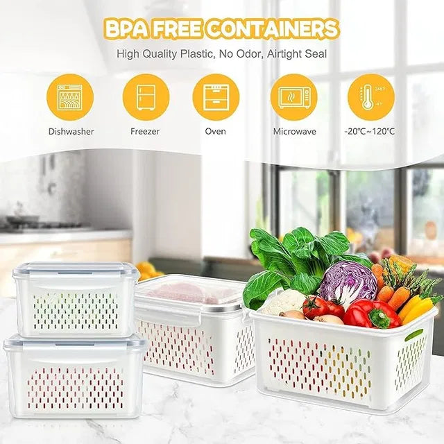4-in-1 Airtight Fridge Storage Containers with Drainer (Pack of 4)