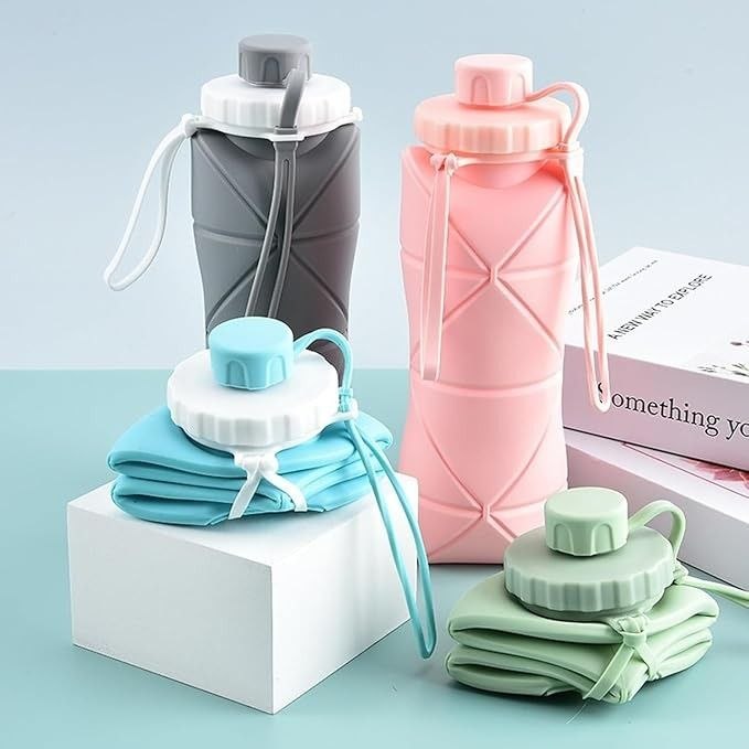 FlexiFold Collapsible Silicone Water Bottle | Folding Portable Leakproof Travel Flask for Gym School | 600ml