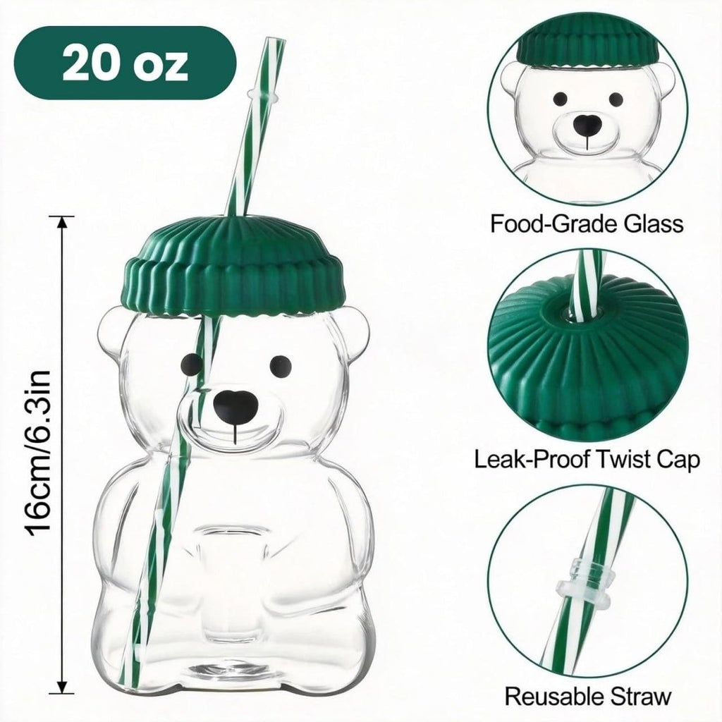 TeddySip | Bear Shaped Glass Cup Tumbler with Reusable Straw | 20 oz Leak-Proof Twist Cap Format | Cute Aesthetic Kawaii Water Bottle for Coffee Juice