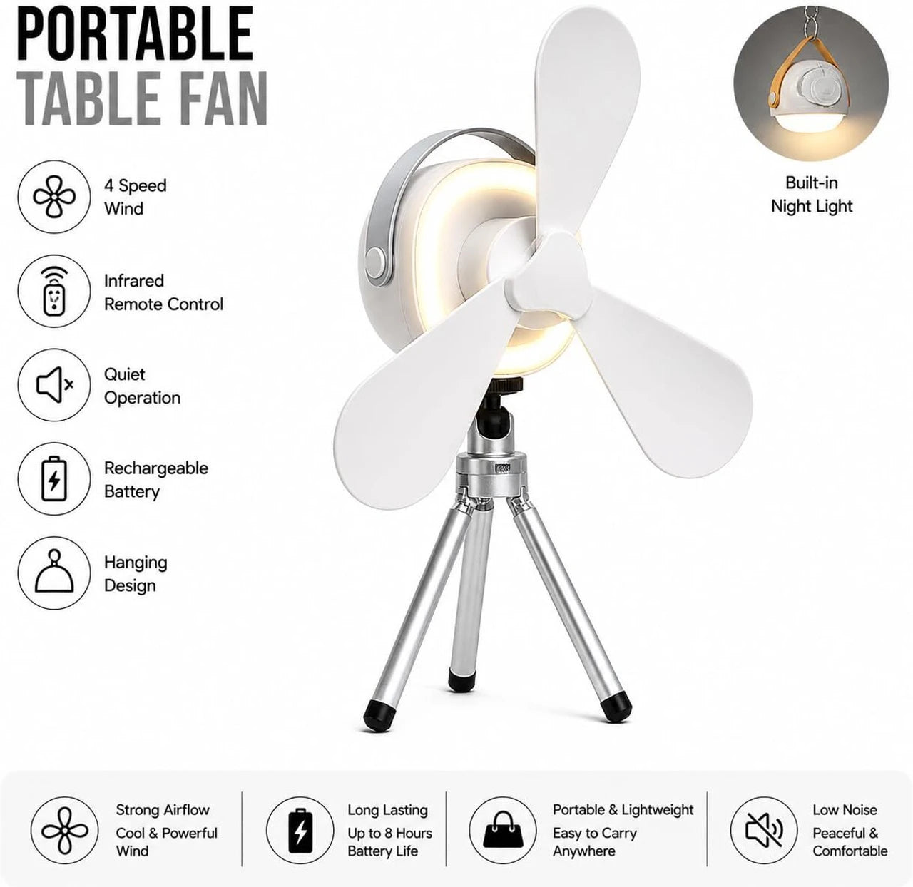 Portable Mini Cooling Fan with LED Light & Remote
