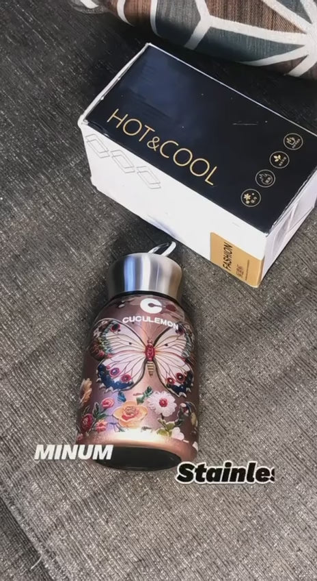 Butterfly Mini Water Bottle | Small Portable Stainless Steel Vacuum Insulated Tumbler Cup | Double Wall Leakproof Hot & Cold Thermal Flask for School Office