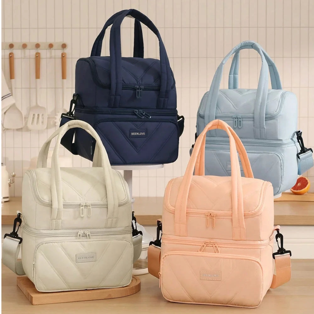 DuplexQuilt Dual Zipper Insulated Lunch Bag | Double Layer Large Capacity Thermal Tote | Water-Resistant Bento Box Organizer with Shoulder Strap for Office College