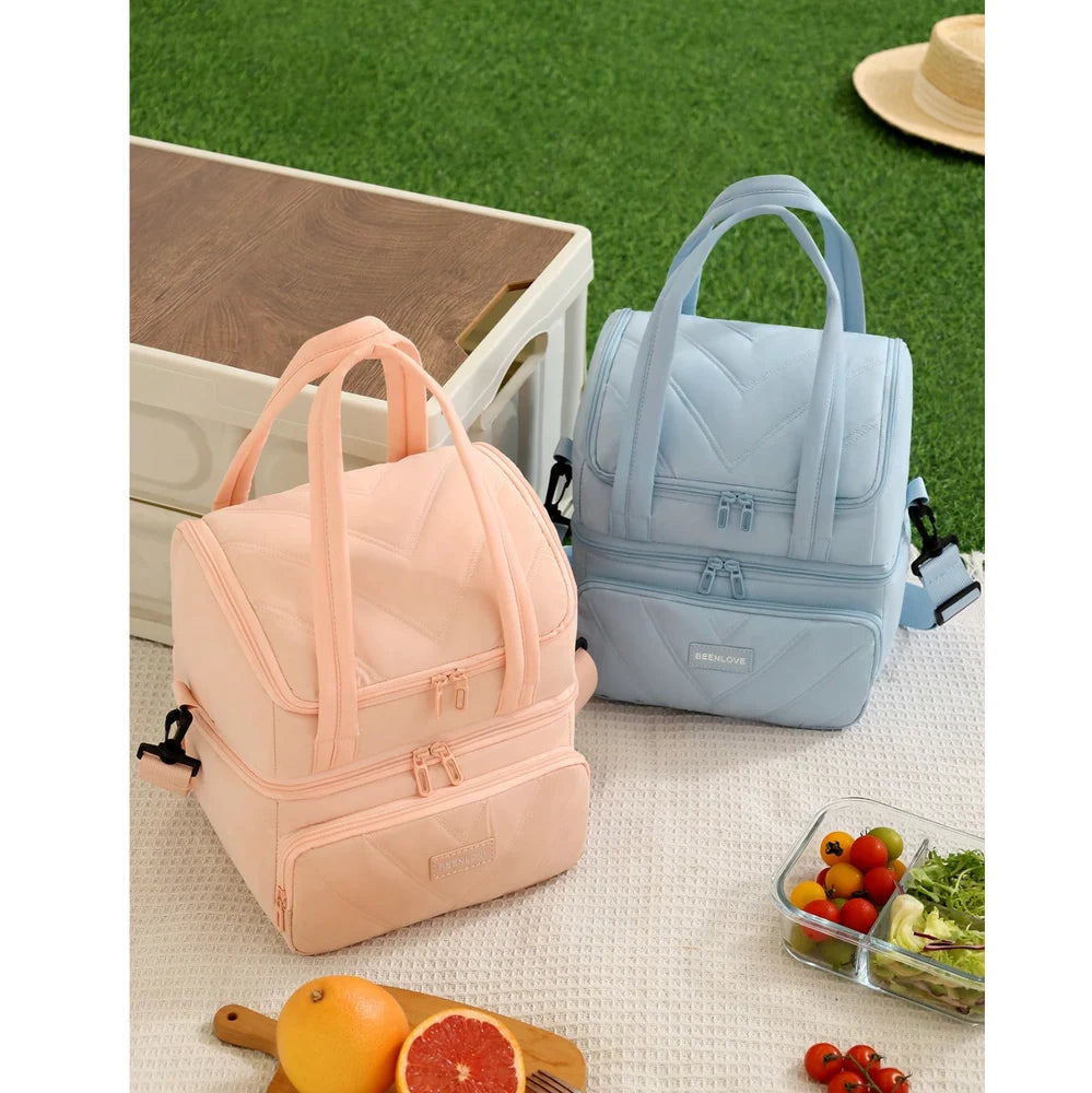DuplexQuilt Dual Zipper Insulated Lunch Bag | Double Layer Large Capacity Thermal Tote | Water-Resistant Bento Box Organizer with Shoulder Strap for Office College